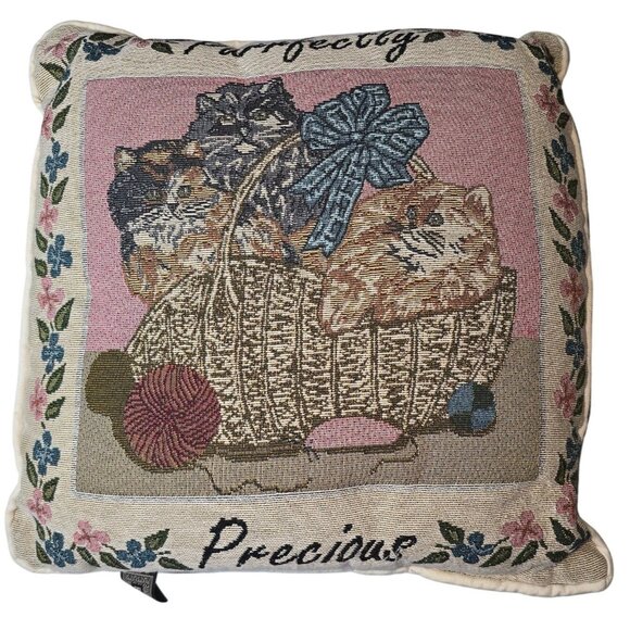 Vintage 80s 90s Cat Tapestry Throw Pillow With Basket & Yarn Design - Picture 1 of 3
